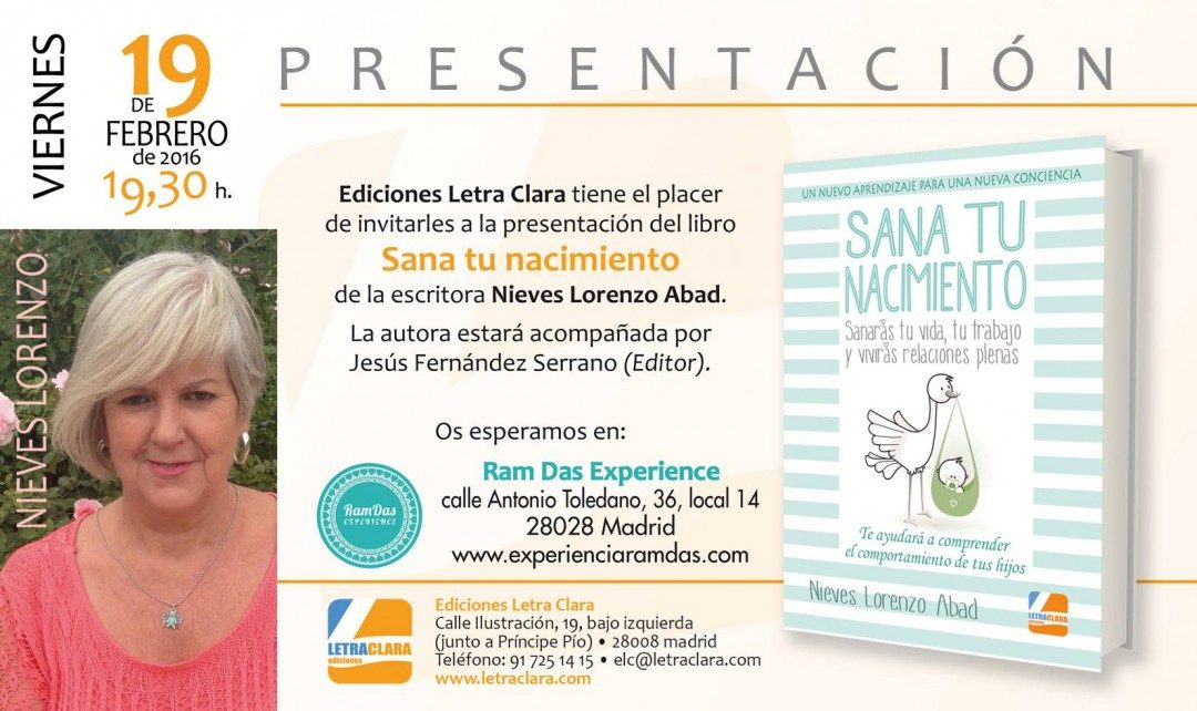 Te invitamos a la próxima presentacion del libro ‘Sana tu nacimiento’ de Nieves Lorenzo Abad