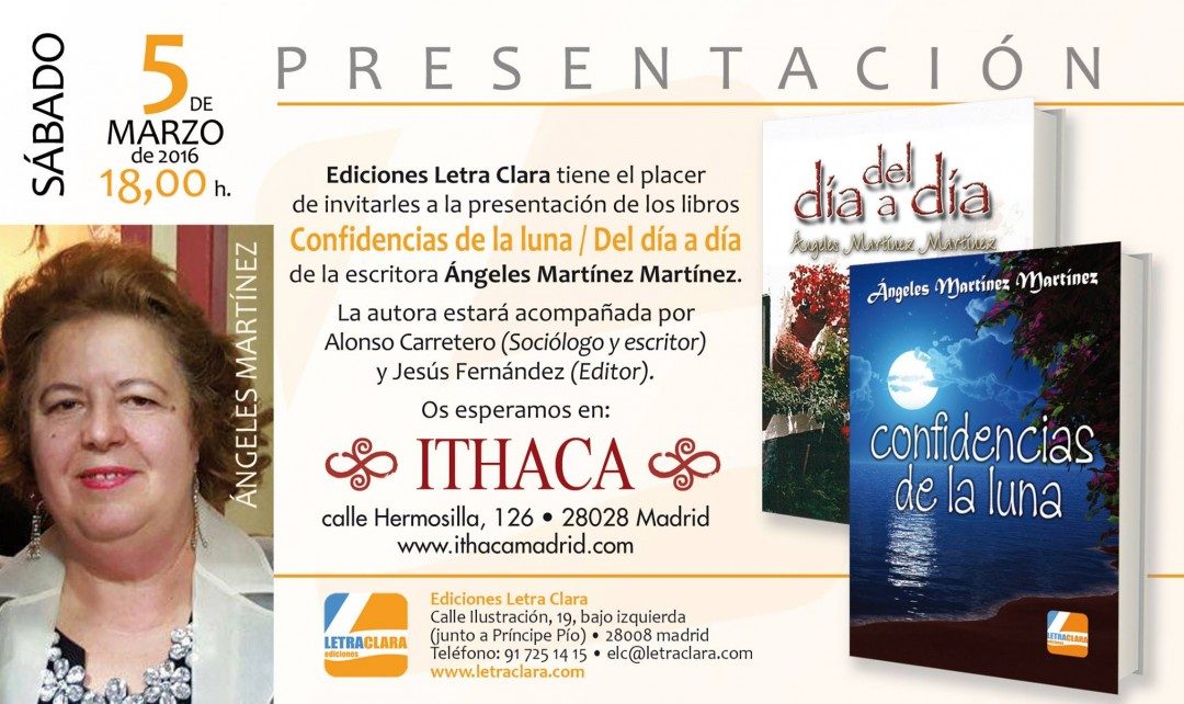 Te invitamos a la próxima presentación de los libros ‘Confidencias de la luna’ y ‘Del día a día’ de Ángeles Martínez Martínez